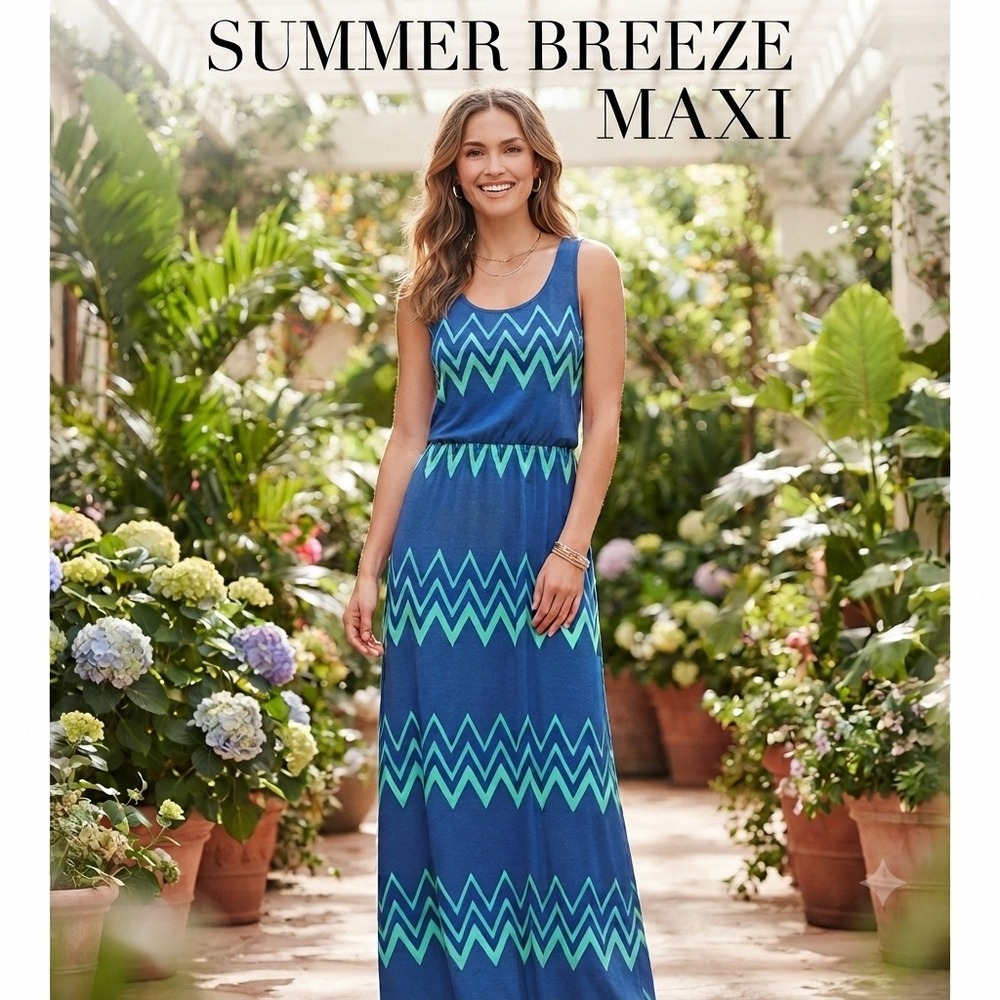 Pixley Summer Breeze Maxi Dress S Blue Green Chevron Sleeveless Elastic Waist